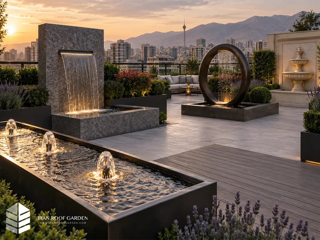 آبنمای فلزی، آبنمای دیواری سنگی، آبنمای حلقه ای دکوراتیو و آبنمای کلاسیک در تراس بام