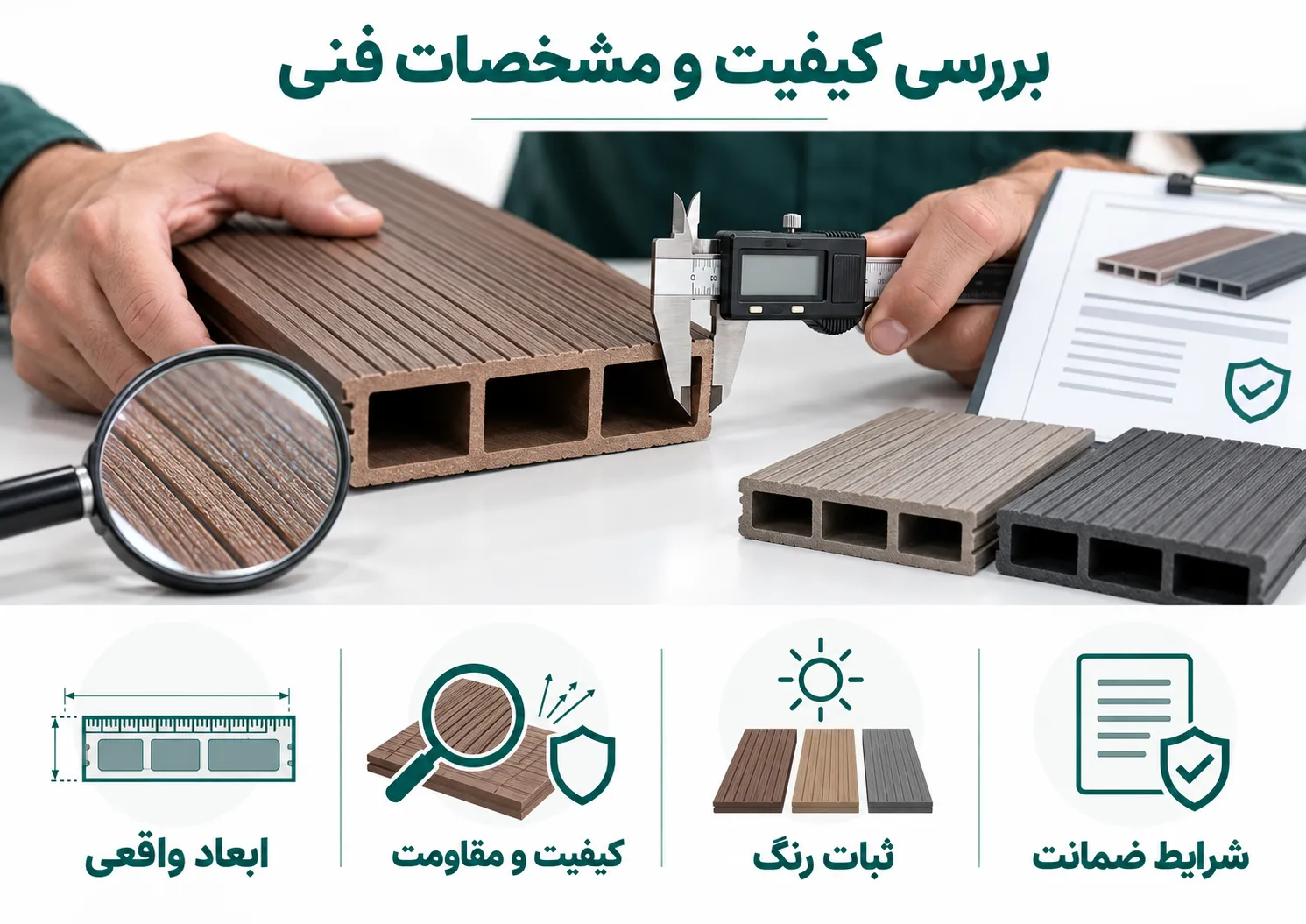 بررسی ابعاد و کیفیت پروفیل چوب پلاست با کولیس و نمونه های رنگ برای انتخاب محصول مناسب