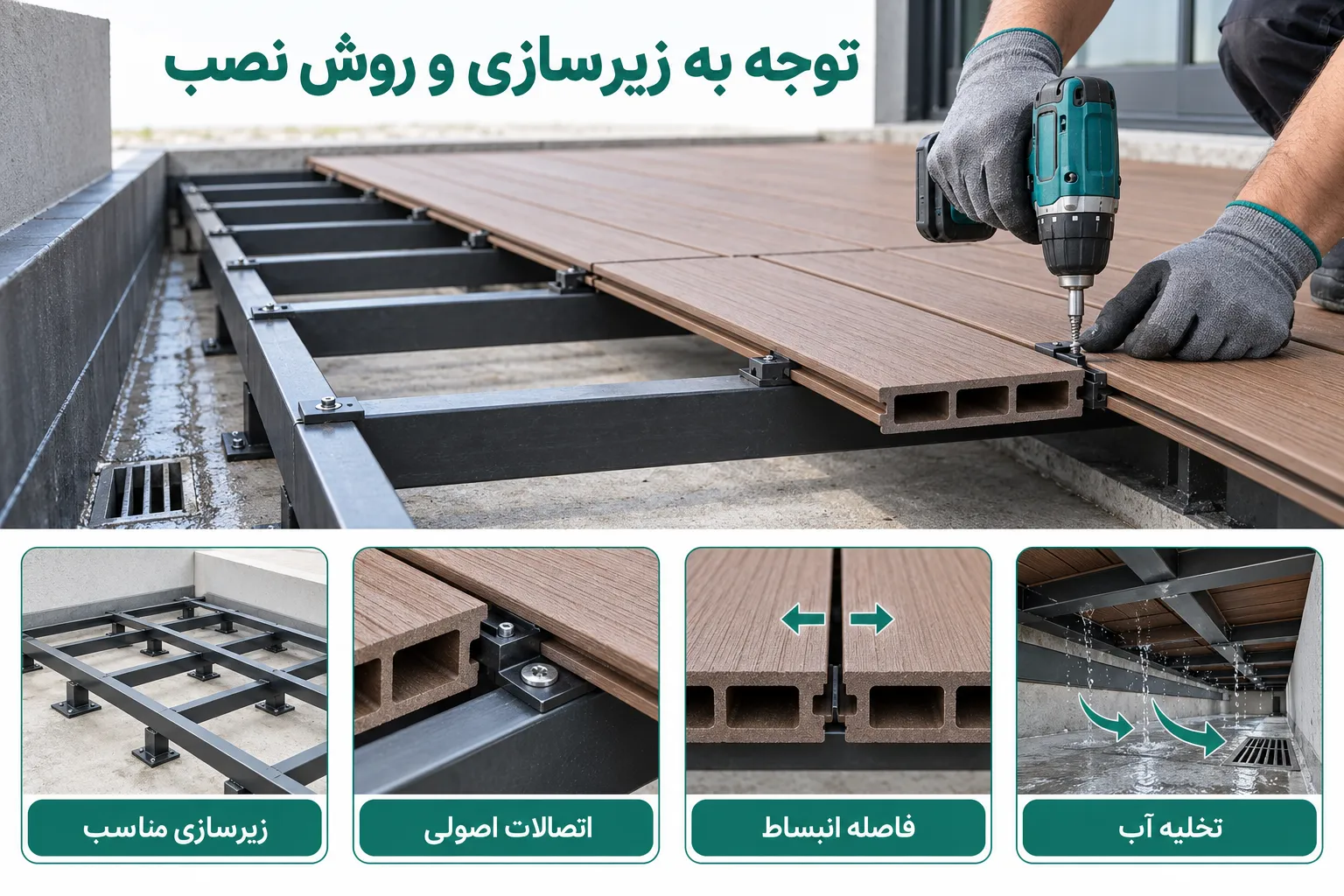 نمایش زیرسازی فلزی، اتصالات، فاصله انبساط و مسیر تخلیه آب در اجرای کفپوش چوب پلاست